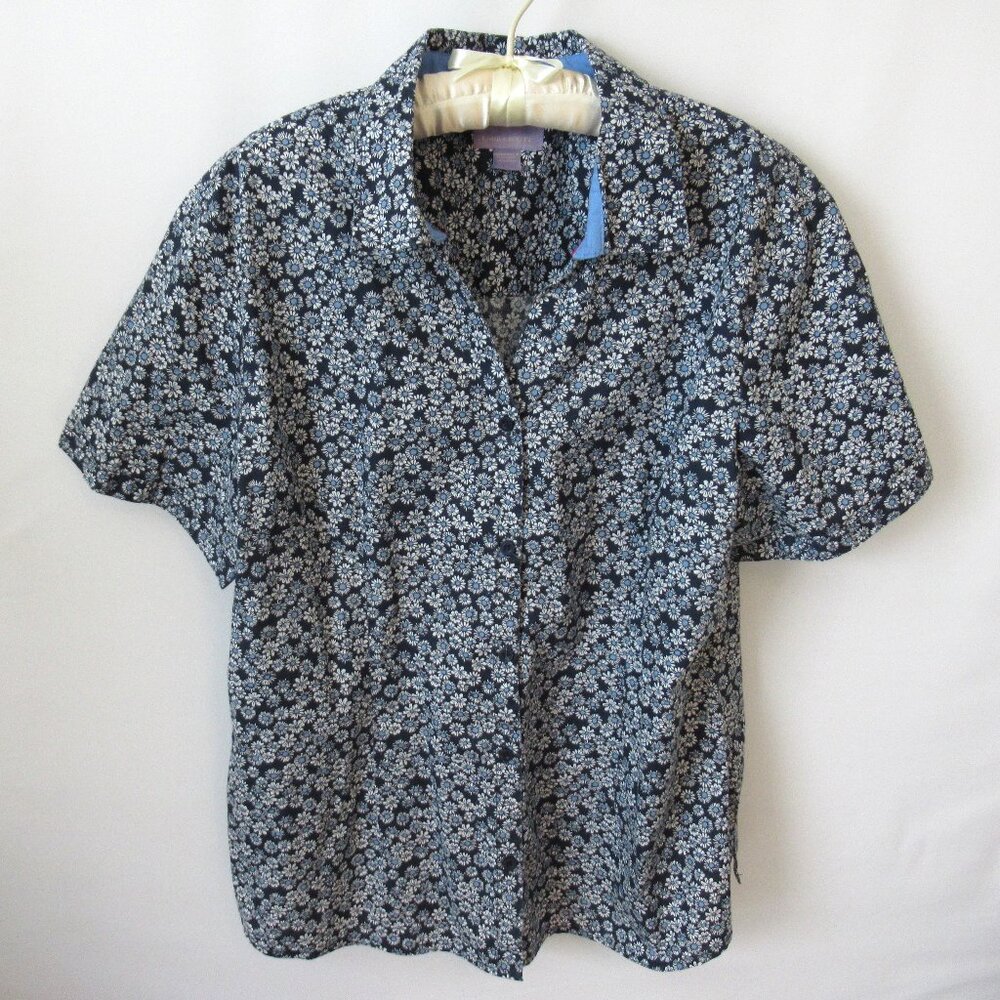 Laura Scott blue white floral split neck short sleeve shirt *Sz XXL*